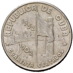 obverse: CUBA. 40 Centavos 1952. 50° Anniversario. Repubblica. Ag. KM25. qSPL