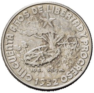 reverse: CUBA. 40 Centavos 1952. 50° Anniversario. Repubblica. Ag. KM25. qSPL