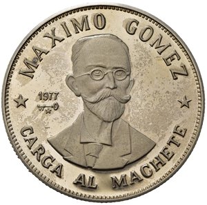 reverse: CUBA. 20 Pesos 1977 Maximo Gomez - Carga al Machete. Ag (26,10 g). Km#39. Impronte nei campi. Proof