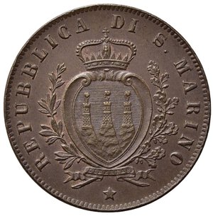 obverse: SAN MARINO. Vecchia monetazione (1864-1938) 5 centesimi 1869 (g. 5,08). KM 1; Pag. 378; Gig. 38. Cu. SPL