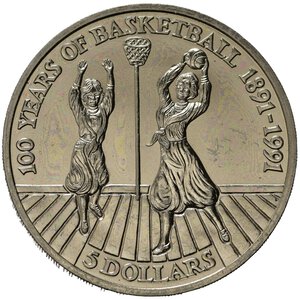 reverse: NIUE. 5 Dollars 1991. 100 Years of Basketball. Ni. qFDC