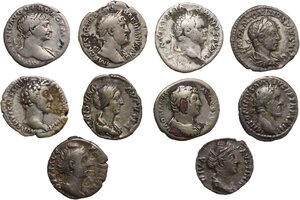 obverse: The Roman Empire.. Lot of 10 unclassified AR denarii, including: Trajan, Marcus Aurelius, Faustina I, Hadrian, Antoninus Pius, Crispina, Titus