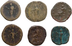 reverse: The Roman Empire.. Lot of 6 unclassified AE Sestertii, including: Lucilla, Commodus, Maximinus Thrax and Severus Alexander