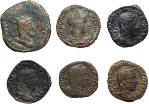 obverse: The Roman Empire.. Lot of 6 unclassified AE denominations, including: double sestertius of Postumus and Sestertii of Philip I, Philip II, Trajan Decius, Gordian III