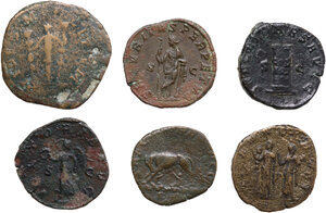 reverse: The Roman Empire.. Lot of 6 unclassified AE denominations, including: double sestertius of Postumus and Sestertii of Philip I, Philip II, Trajan Decius, Gordian III
