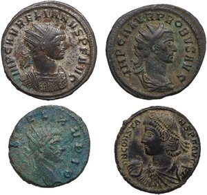 obverse: The Roman Empire.. Lot of 4 unclassified denominations: including: (1) AR Antoninianus of Aurelian, (1) BI Antoninianus of Probus and (2) AE coins of Claudius II and Constans