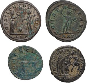 reverse: The Roman Empire.. Lot of 4 unclassified denominations: including: (1) AR Antoninianus of Aurelian, (1) BI Antoninianus of Probus and (2) AE coins of Claudius II and Constans