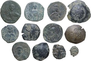 obverse: The Byzantine Empire. Lot of 12 unclassified AE denominations, including Anonymous Folles and Manuel I