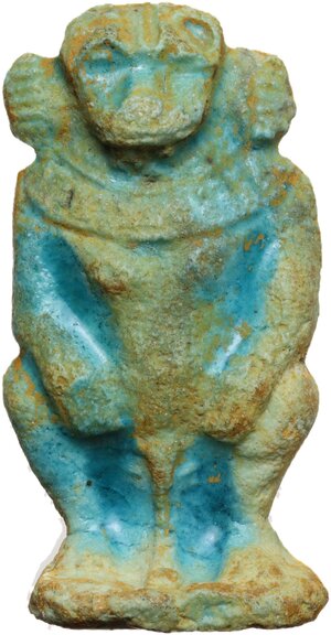 obverse: Thot-Baboon faience amulet.  Egyptian Kingdom. Late Period, second half on 1st millennium BC.  64 x 33 mm