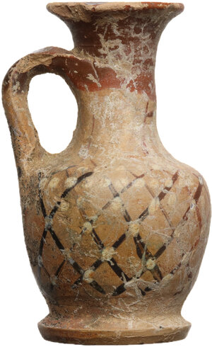 obverse: Miniature vase with one handle. On the top red glaze, on the body reticulate pattern.  Height: 52 mm