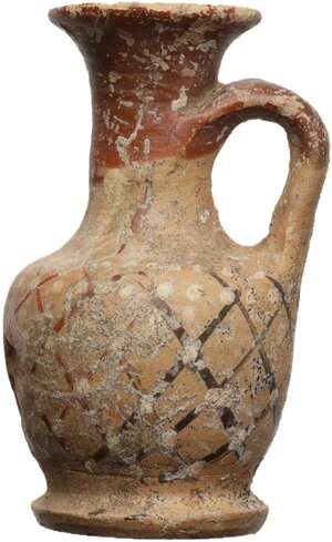 reverse: Miniature vase with one handle. On the top red glaze, on the body reticulate pattern.  Height: 52 mm