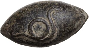 obverse: Lead slingshot bullet with coiling serpent and inscription.  30 mm