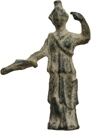 obverse: Bronze votive figurine, goddess holding snake.  Greek?  Height: 48 mm