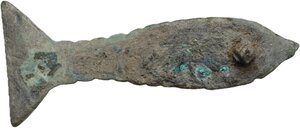 reverse: Bronze fibula in the shape of a fish, details engraved.  Roman.  55 mm