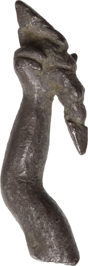 reverse: Silver arm of Jupiter holding thunderbolt. Fragment of a small statue.  Roman.  38 mm
