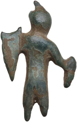 reverse: Bronze figurine of a warrior, helmeted, holding shield and uncertain object.  Roman or Balkanic.  35-25 mm