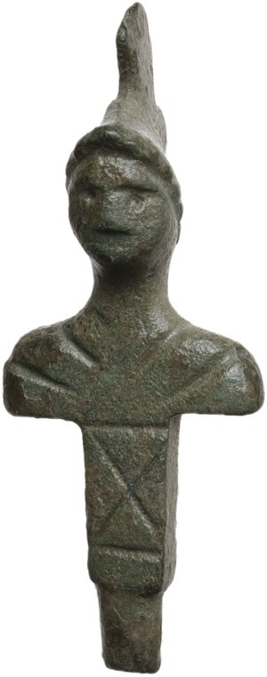 obverse: Bronze figurine of Mars, helmeted. Votive.  Roman.  27x15 mm