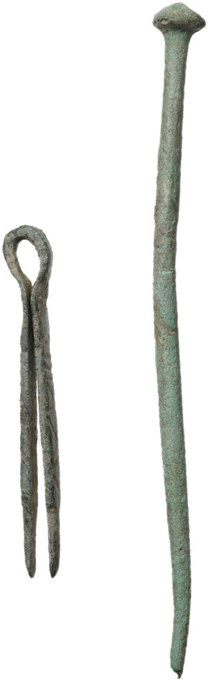 obverse: Lot of two (2) bronze instruments: tweezer and long pin.  Roman.  44 and 85 mm