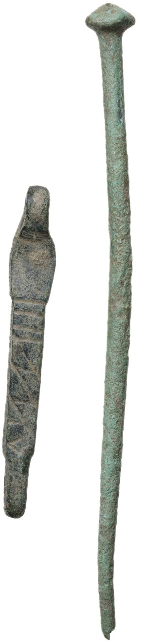 reverse: Lot of two (2) bronze instruments: tweezer and long pin.  Roman.  44 and 85 mm