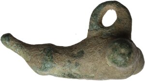 reverse: Bronze phallic pendant.  Roman.  37 mm