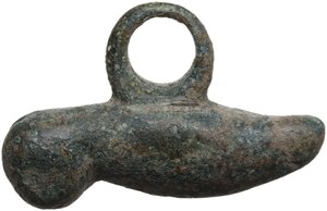 obverse: Bronze phallic pendant.  Roman.  33 mm
