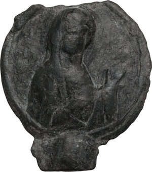 obverse: Bronze decorative element with Virgin Mary.  Byzantine period.  35 x 32 mm