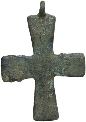 reverse: Bronze cross pendant.  Byzantine.  32 x 23 mm, with the original suspension loop