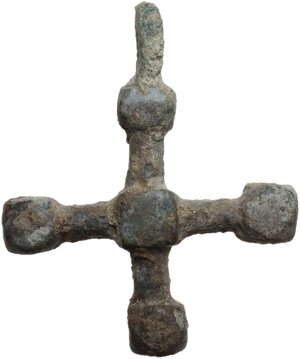 obverse: Bronze cross pendant.  Byzantine.  36 x 30 mm, with the original suspension loop