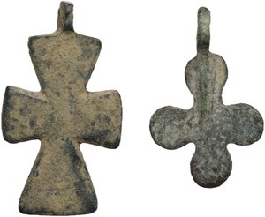 reverse: Lot of two (2) bronze cross pendants with the original loop.  Byzantine