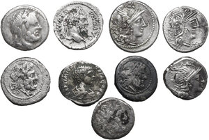 obverse: The Roman Republic and Empire.. Lot of 9 unclassified AR denominations, including: Septimius Severus