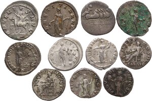 reverse: The Roman Republic and Empire.. Lot of 11 unclassified AR denominations, including: Trebonianus Gallus, Gallienus, Geta, Commodus, Hadrian, Julia Mamaea and Lucius Verus