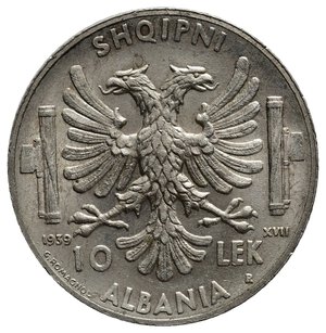 obverse: COLONIA ALBANIA, Vittorio Emanuele III, 10 Lek argento 1939 SPL+ QFDC 