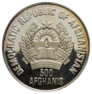 reverse: AFGHANISTAN    500 Afghanis argento Soccer Italia 90   1989  PROOF 
