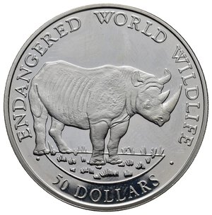 obverse: COOK ISLANDS - 50 Dollars argento , serie Endangered wildlife, Rinoceronte 1990    