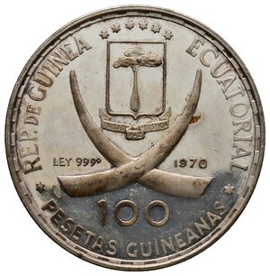 reverse: GUINEA EQUATORIALE  100 Pesetas argento 1970 MAYA DESNUDA 