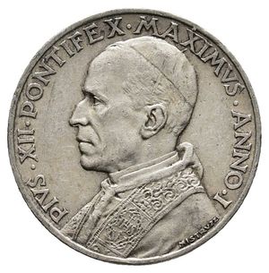 reverse: VATICANO - Pio XII 5 Lire argento 1939 