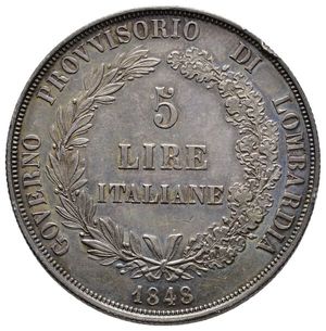 obverse: GOVERNO PROVVISORIO DI LOMBARDIA  - 5 Lire argento 1848 