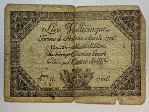 obverse: Regno di Sardegna. 25 lire Regie Finanze 1796 Torino. MB