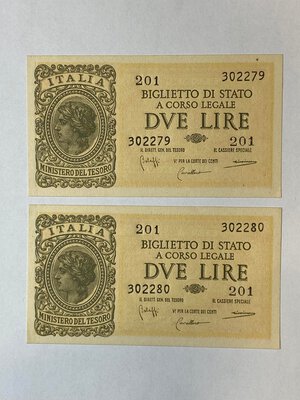 obverse: ITALIA. Regno d Italia. Coppia di banconote da 2 lire 1944 con seriali consecutivi. qFDS