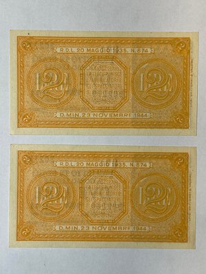 reverse: ITALIA. Regno d Italia. Coppia di banconote da 2 lire 1944 con seriali consecutivi. qFDS