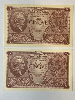 obverse: ITALIA. Regno d Italia. Coppia di banconote da 5 lire 1944 con seriali consecutivi. qFDS