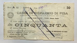 obverse: Cassa di Risparmio di Pisa. Assegno bancario dal lire 50. Timbrato 9 novembre 1943 anno fascista XXII. MB