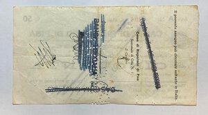 reverse: Cassa di Risparmio di Pisa. Assegno bancario dal lire 50. Timbrato 9 novembre 1943 anno fascista XXII. MB