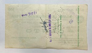 reverse: Cassa di Risparmio di Pisa. Assegno bancario dal lire 100. Timbrato Pontedera 5 novembre 1943 anno fascista XXII. MB