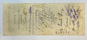 reverse: Cassa di Risparmio di Pisa. Assegno bancario dal lire 500. Timbrato 14 marzo 1944 anno fascista XXII. Volterra. MB
