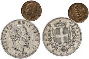 obverse: Regno d Italia. Lotto di 2 monete. 5 lire 1874 M (BB); 5 centesimi 1921 (qFDC)