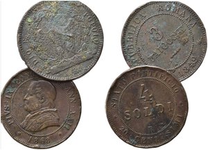 obverse: Zecche Italiane. Roma. Lotto di 2 monete. 4 Soldi 1868 - 3 baiocchi 1849. MB