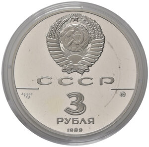 obverse: RUSSIA. CCCP. Unione Sovietica. 3 Rubli 1989. Ag. PROOF