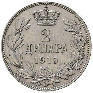 reverse: SERBIA. Peter I. 2 Dinara 1915. Ag. KM26.3. SPL