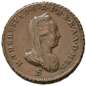 obverse: MILANO. Maria Teresa d Asburgo (1740-1780). 1 soldo 1777 S. Cu (8,30 g - 23,5 mm). Tondello di peso leggermente superiore e diametro leggermente inferiore rispetto alla media. MIR 440/1. BB